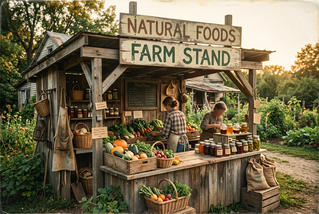 A vintage roadside farm cafe and produce stand