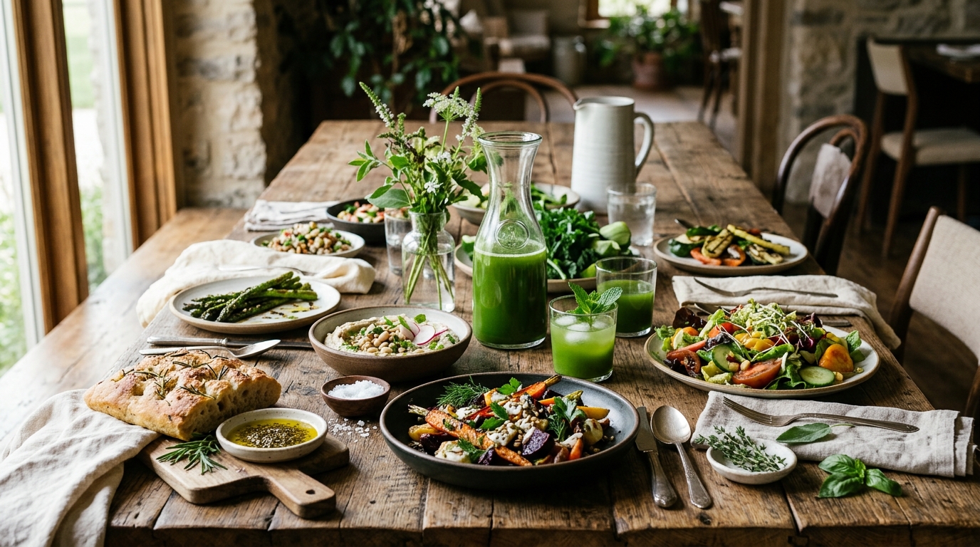 A seasonal farm-to-table tasting spread styled like a menu shoot